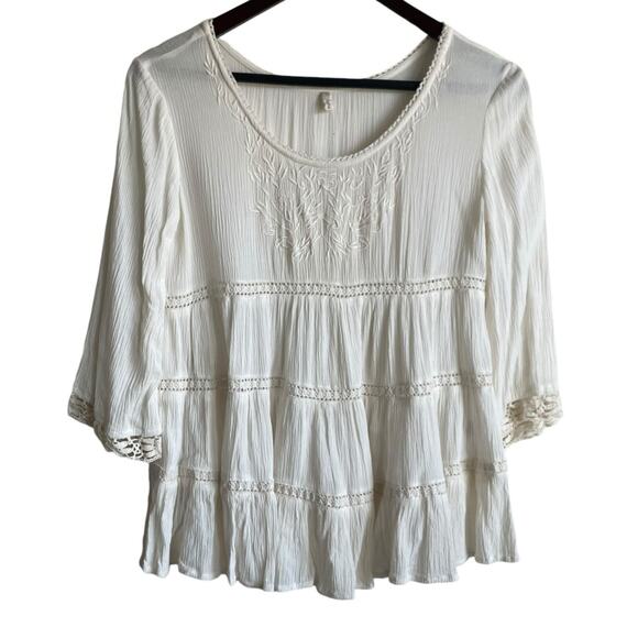 Japna Women Crop Top XS Ivory Embroidered Gauzy Crochet Inlet Boho Peasant Flowy - Picture 1 of 10